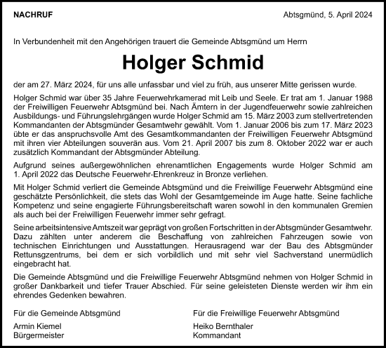 Traueranzeige von Holger Schmid von Schwäbische Post