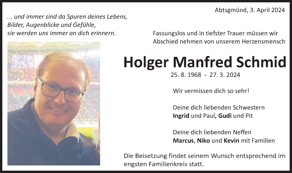  Traueranzeige für Holger Manfred Schmid vom 03.04.2024 aus Schwäbische Post