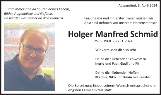 Traueranzeige von Holger Manfred Schmid von Schwäbische Post