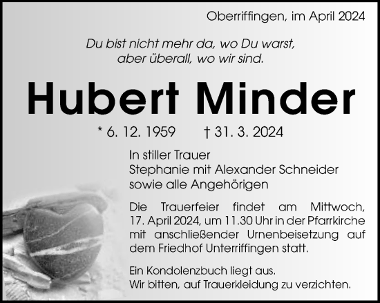 Traueranzeige von Hubert Minder von Schwäbische Post