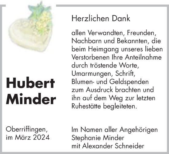 Traueranzeige von Hubert Minder von Schwäbische Post