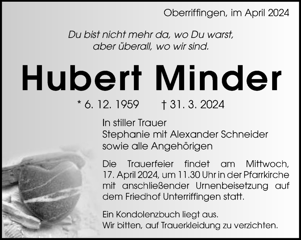  Traueranzeige für Hubert Minder vom 11.04.2024 aus Schwäbische Post