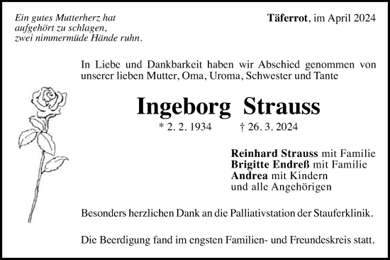 Traueranzeige von Ingeborg Strauss von Gmünder Tagespost