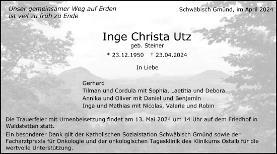 Traueranzeige von Inge Christa Utz von Gmünder Tagespost