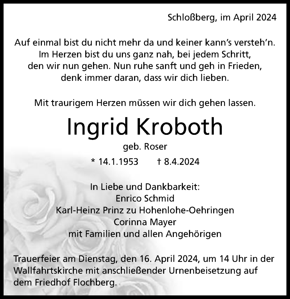  Traueranzeige für Ingrid Kroboth vom 12.04.2024 aus Schwäbische Post