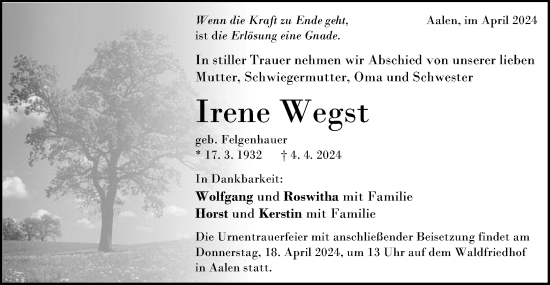 Traueranzeige von Irene Wegst von Schwäbische Post