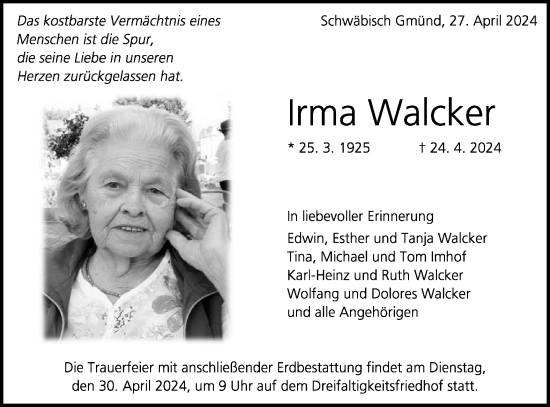 Traueranzeige von Irma Walcker von Gmünder Tagespost