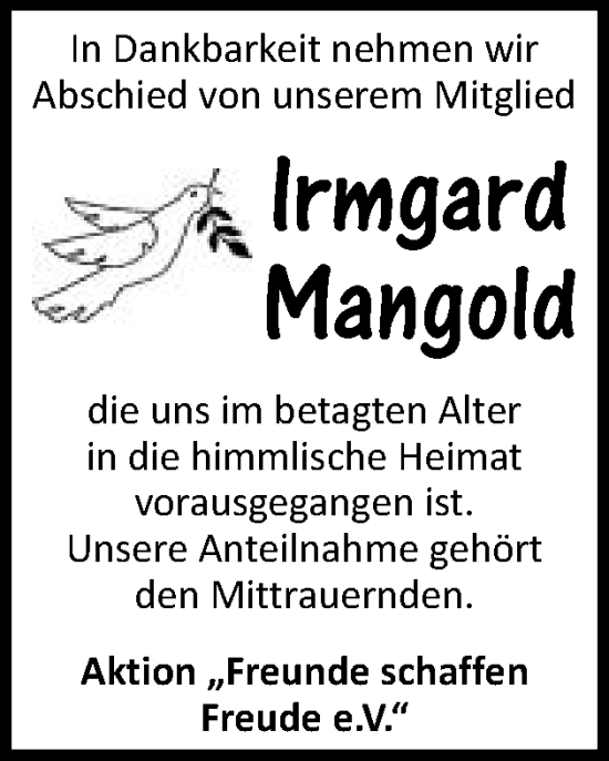 Traueranzeige von Irmgard Mangold von Schwäbische Post