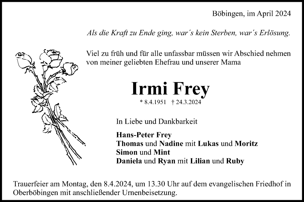  Traueranzeige für Irmi Frey vom 04.04.2024 aus Gmünder Tagespost