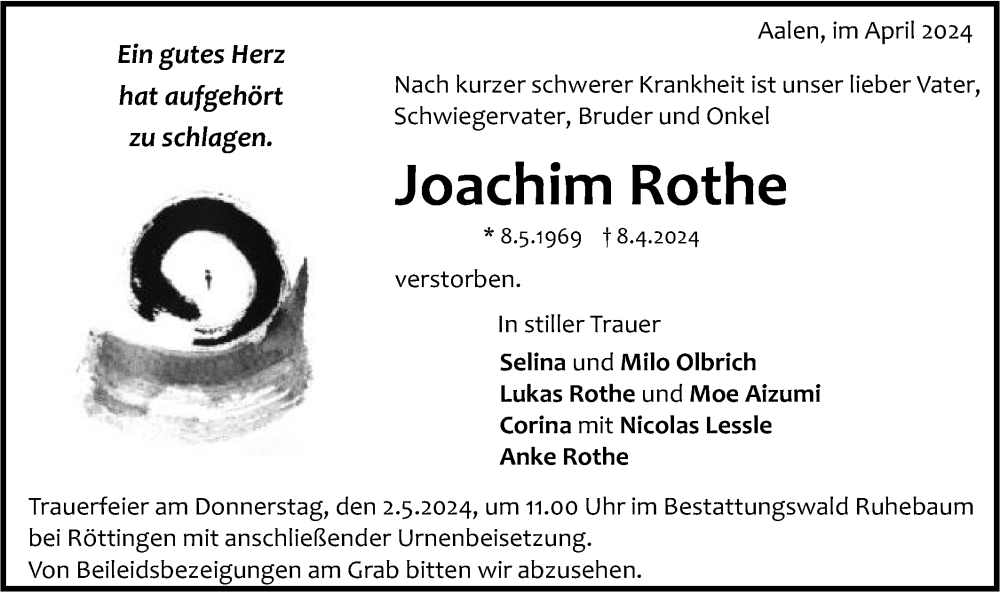  Traueranzeige für Joachim Rothe vom 27.04.2024 aus Schwäbische Post