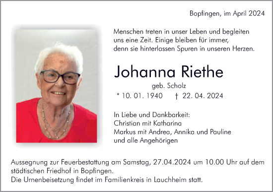 Traueranzeige von Johanna Riethe von Schwäbische Post