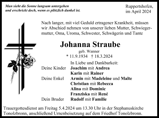 Traueranzeige von Johanna Straube von Gmünder Tagespost