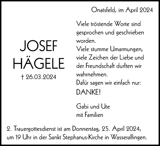 Traueranzeige von Josef Hägele von Schwäbische Post