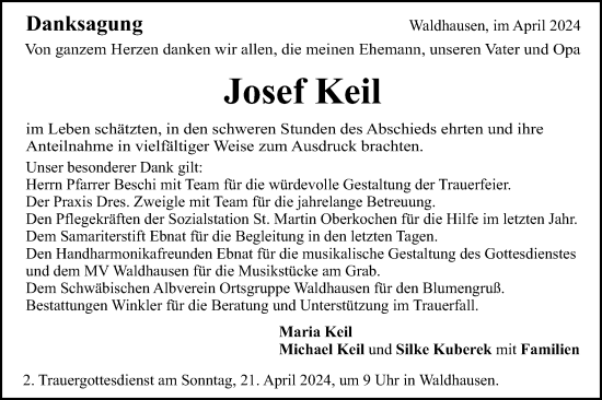 Traueranzeige von Josef Keil von Schwäbische Post