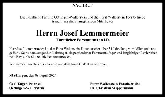 Traueranzeige von Josef Lemmermeier von Schwäbische Post