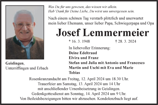 Traueranzeige von Josef Lemmermeier von Schwäbische Post