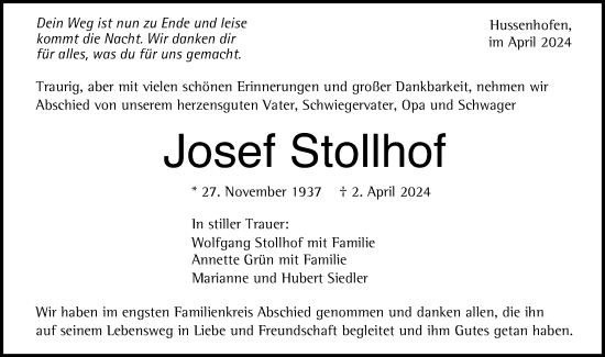 Traueranzeige von Josef Stollhof von Gmünder Tagespost