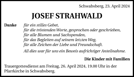 Traueranzeige von Josef Strahwald von Schwäbische Post