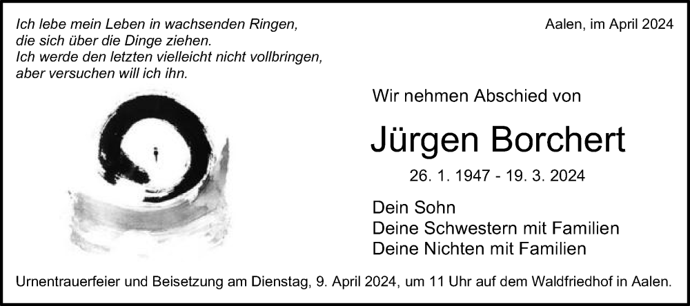  Traueranzeige für Jürgen Borchert vom 03.04.2024 aus Schwäbische Post