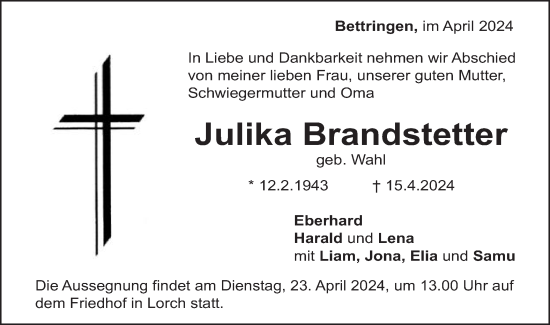 Traueranzeige von Julika Brandstetter von Gmünder Tagespost