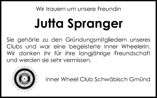 Traueranzeige von Jutta Spranger von Gmünder Tagespost