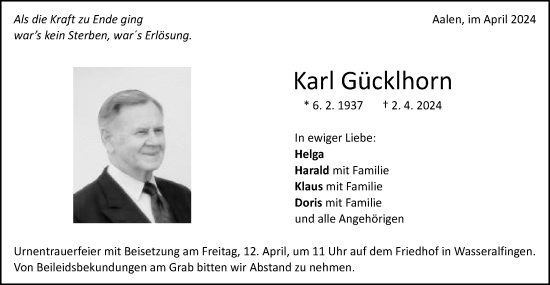 Traueranzeige von Karl Gücklhorn von Schwäbische Post