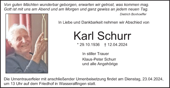 Traueranzeige von Karl Schurr von Schwäbische Post