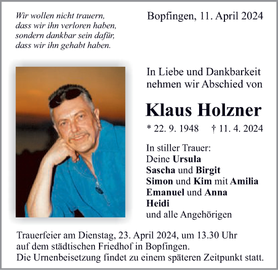 Traueranzeige von Klaus Holzner von Schwäbische Post