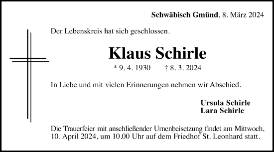 Traueranzeige von Klaus Schirle von Gmünder Tagespost