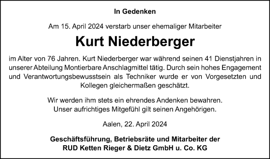 Traueranzeige von Kurt Niederberger von Schwäbische Post