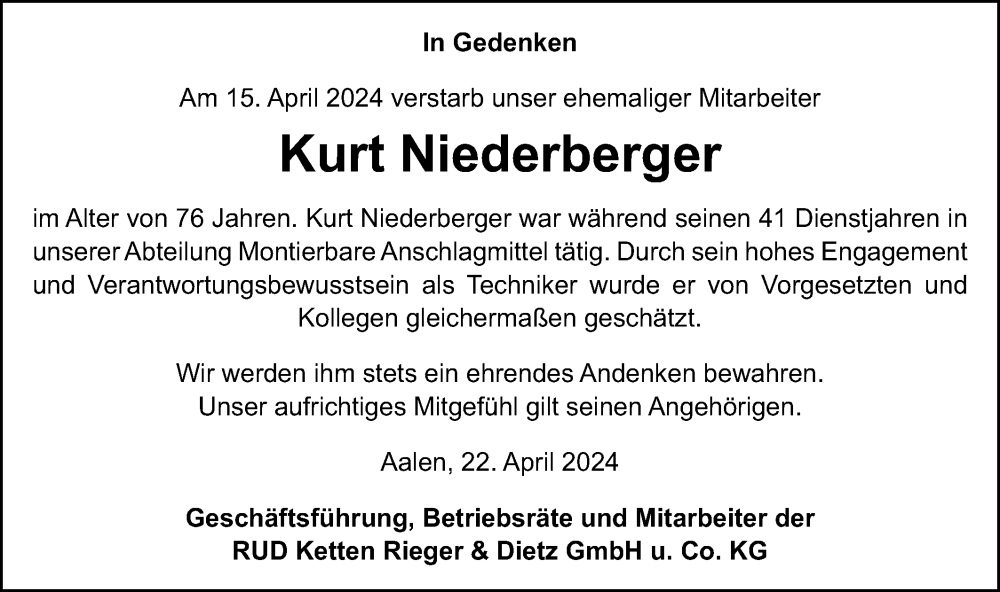  Traueranzeige für Kurt Niederberger vom 20.04.2024 aus Schwäbische Post