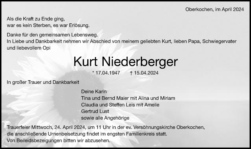  Traueranzeige für Kurt Niederberger vom 20.04.2024 aus Schwäbische Post