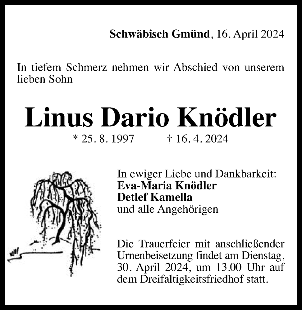  Traueranzeige für Linus Dario Knödler vom 26.04.2024 aus Gmünder Tagespost