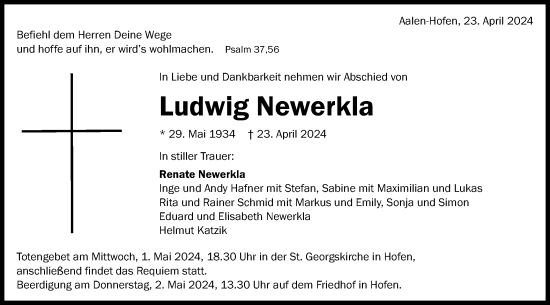 Traueranzeige von Ludwig Newerkla von Schwäbische Post