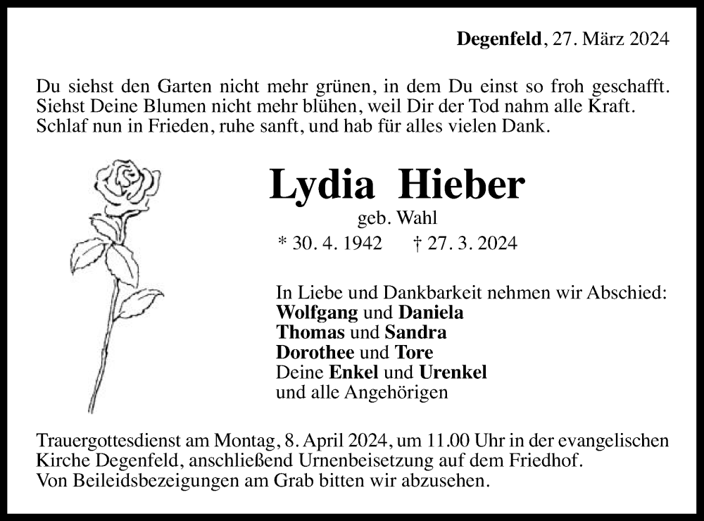  Traueranzeige für Lydia Hieber vom 03.04.2024 aus Gmünder Tagespost