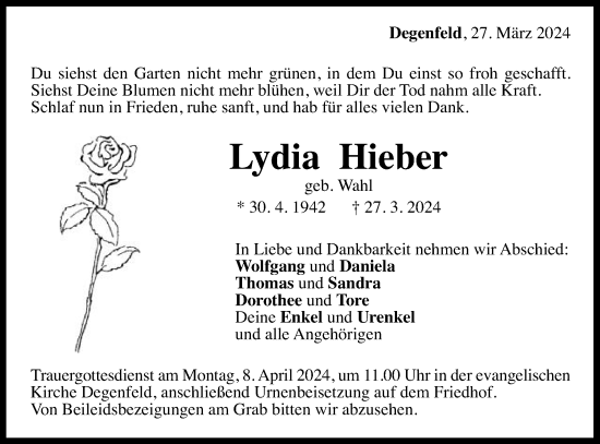 Traueranzeige von Lydia Hieber von Gmünder Tagespost