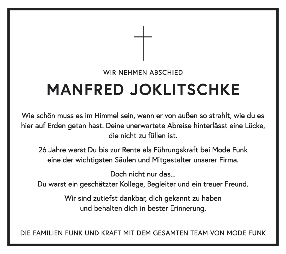  Traueranzeige für Manfred Joklitschke vom 02.04.2024 aus Schwäbische Post