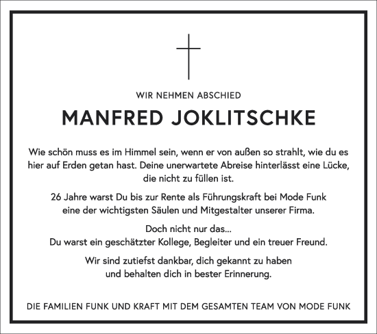 Traueranzeige von Manfred Joklitschke von Schwäbische Post
