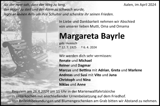 Traueranzeige von Margareta Bayrle von Schwäbische Post