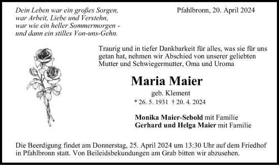 Traueranzeige von Maria Maier von Gmünder Tagespost