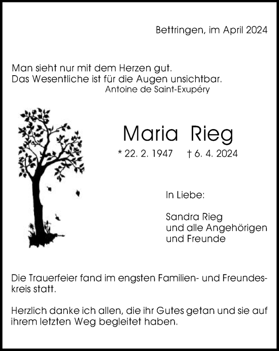 Traueranzeige von Maria Rieg von Gmünder Tagespost