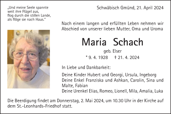 Traueranzeige von Maria Schach von Gmünder Tagespost