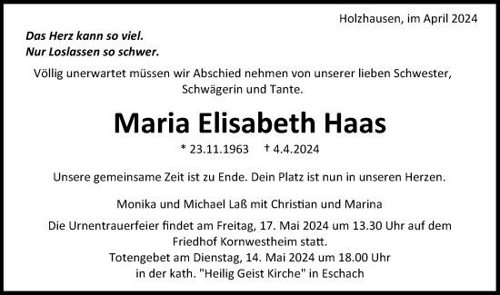 Traueranzeige von Maria Elisabeth Haas von Gmünder Tagespost