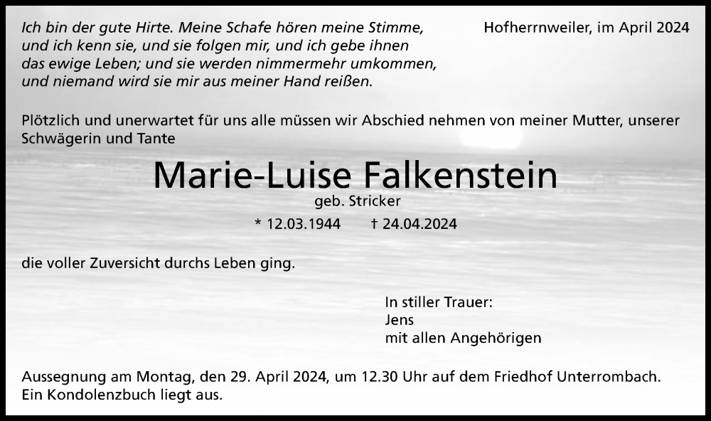  Traueranzeige für Marie-Luise Falkenstein vom 26.04.2024 aus Schwäbische Post