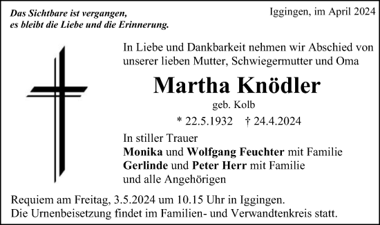 Traueranzeige von Martha Knödler von Gmünder Tagespost