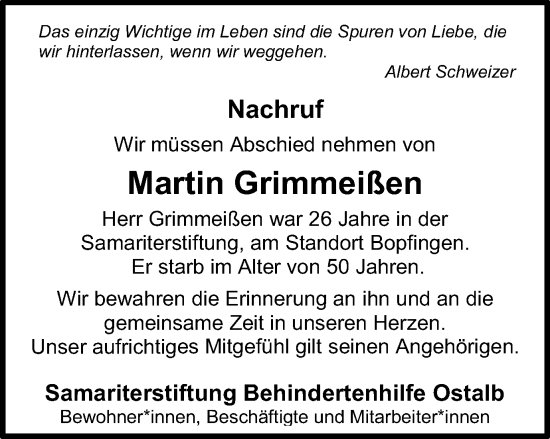 Traueranzeige von Martin Grimmeißen von Schwäbische Post