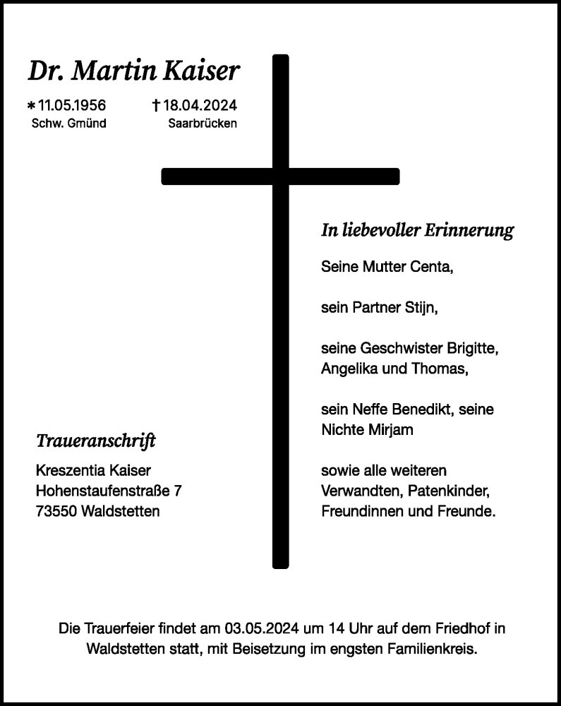  Traueranzeige für Martin Kaiser vom 29.04.2024 aus Gmünder Tagespost