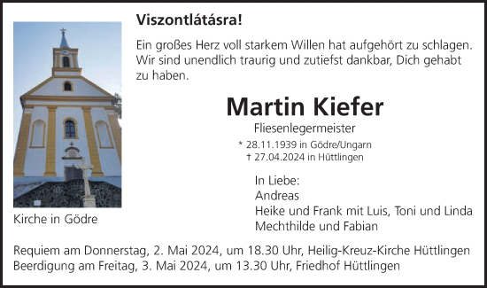 Traueranzeige von Martin Kiefer von Schwäbische Post