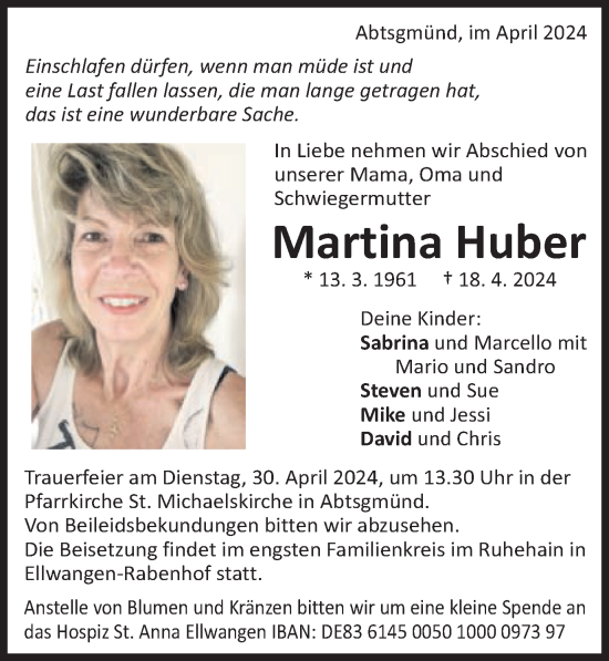 Traueranzeige von Martina Huber von Schwäbische Post