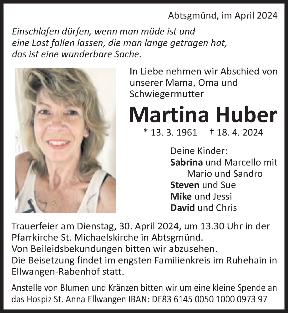  Traueranzeige für Martina Huber vom 24.04.2024 aus Schwäbische Post